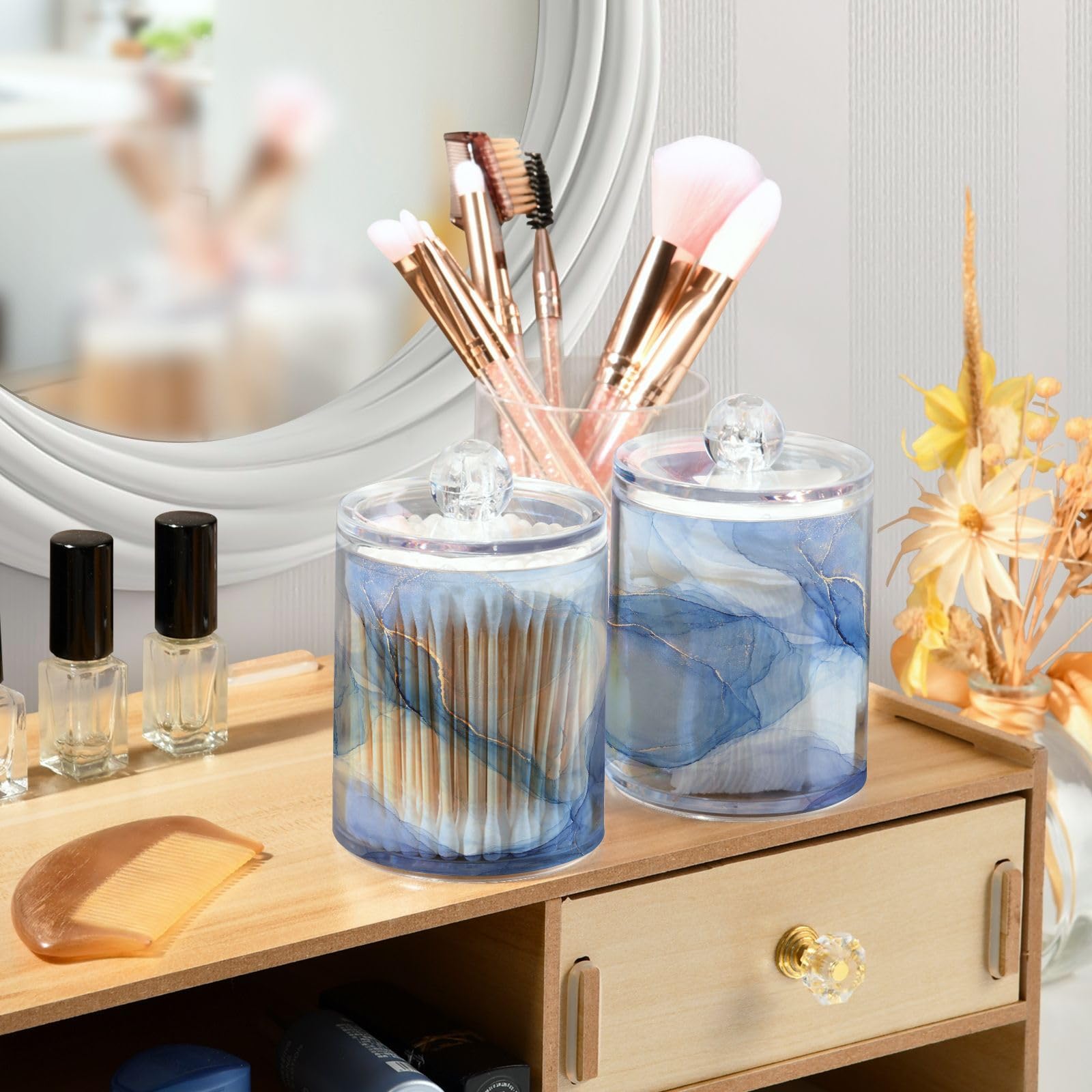Qtip Halter Spender Blau Marmor Badezimmer Aufbewahrungsbehälter Deckel Acryl Kunststoff Apotheker Glas Set Schminktisch Make-up Organizer für Wattestäbchen/Pads/Zahnseide