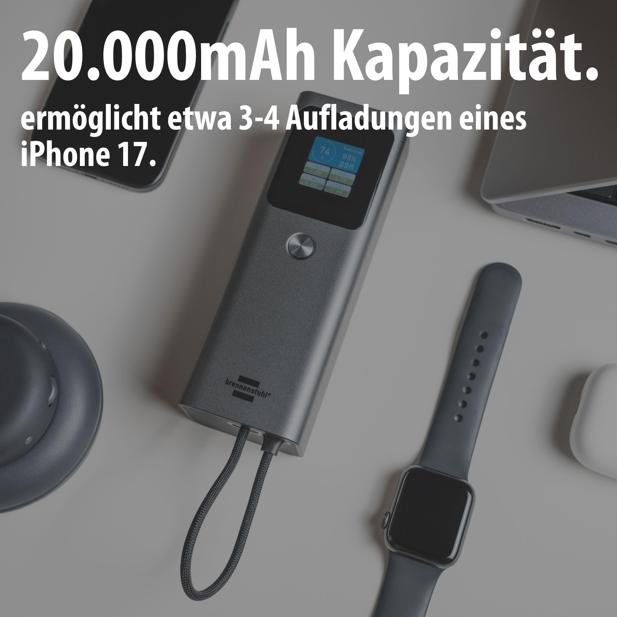Brennenstuhl Powerbank PB20k 20.000 mAh, USB C 100 W, USB C 30 W, USB A 22,5 W