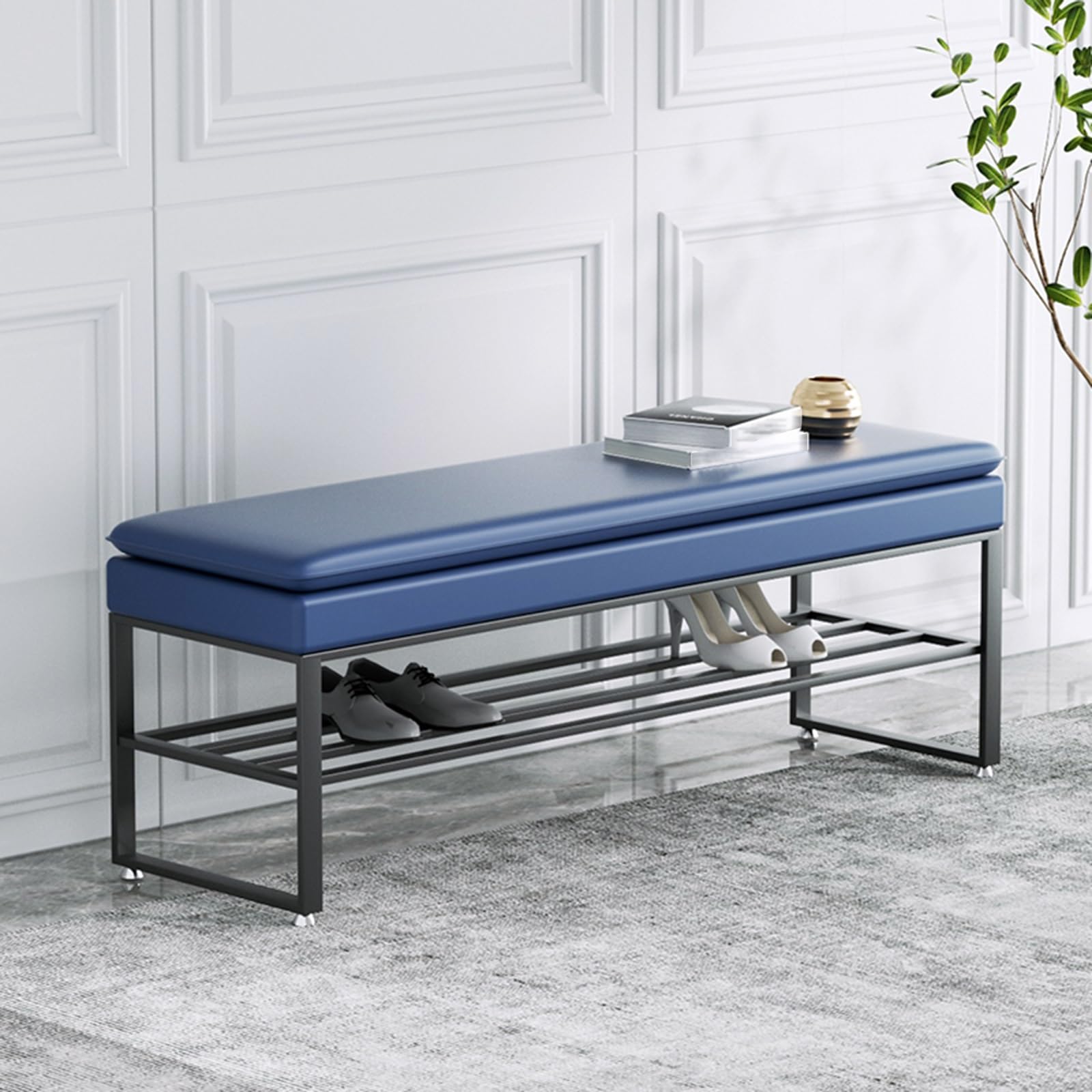 Banc à chaussures bleu et noir de 100 cm idéal en bout de lit moderne