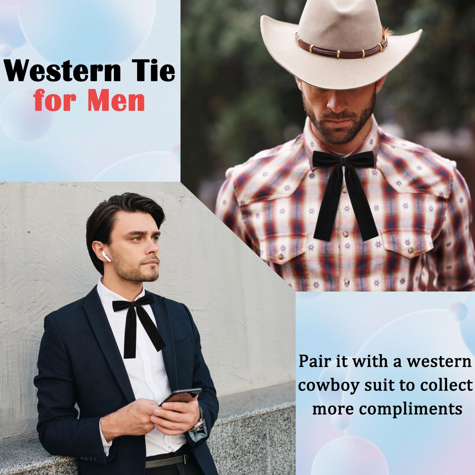 Luckyvestir Black Western Bow Ties for Men Women, Colonel Velvet Ribbon String Bowtie for Costume Uniform Shirts