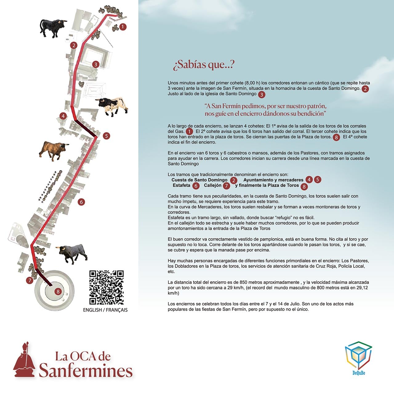 DeQube 924D00180 Jeu de l'oie de San Fermin – Comprend 4 Mini taureaux de Collecte et dés en Bois – Dimensions Plateau 50 x 50 cm