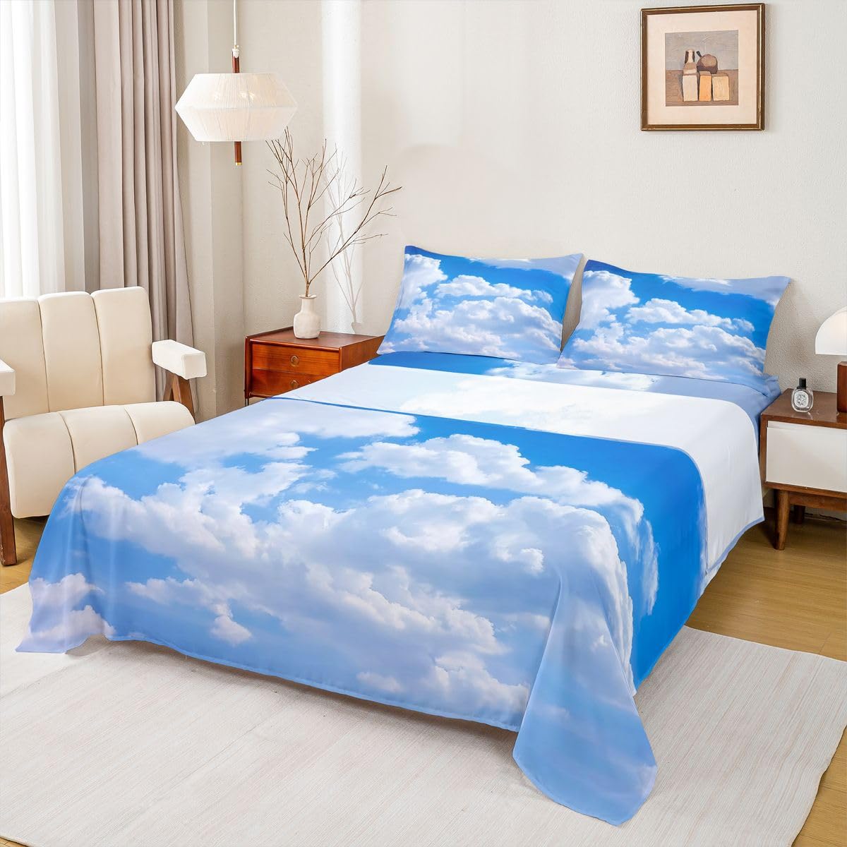 Erosebridal Blue Sky and White Clouds Sheet Set Full Size for Boys Teens, Kids Kawaii Fitted Sheet Nature Bed Sheets Soft Microfiber Top Sheet Bedroom