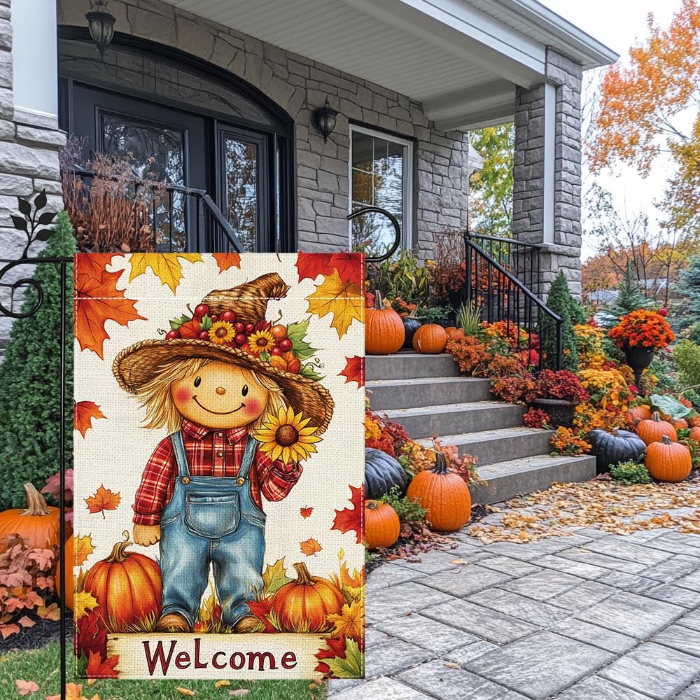 Fall Pumpkin Scarecrow Garden Flag for Outside 12x18 Inch Double Sided Burlap Welcome Autumn Thanksgiving Maple Leaf Sunflower Flowers Farmhouse Holiday Rustic Outdoor Yard Flag Home Decorations - Image 3