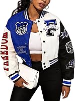 Flygo Women's Cropped Y2K Varsity Jacket - Colorblock Baseball Bomber with Letter Print, Button Down Casual Uniform