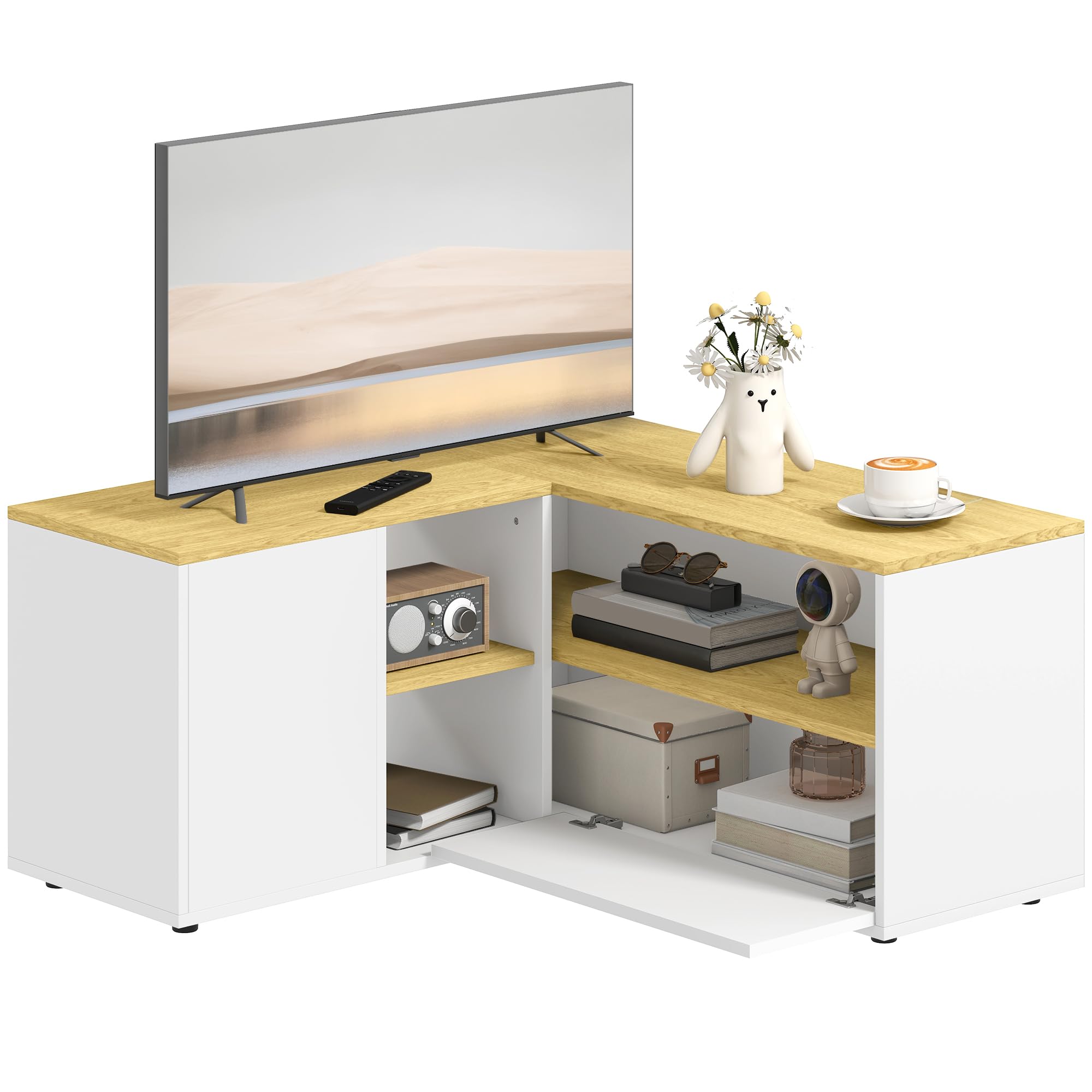 scaffale tv L-forma con scaffali aperti e柜子电视架L型3层开放架2柜板式橡木白色