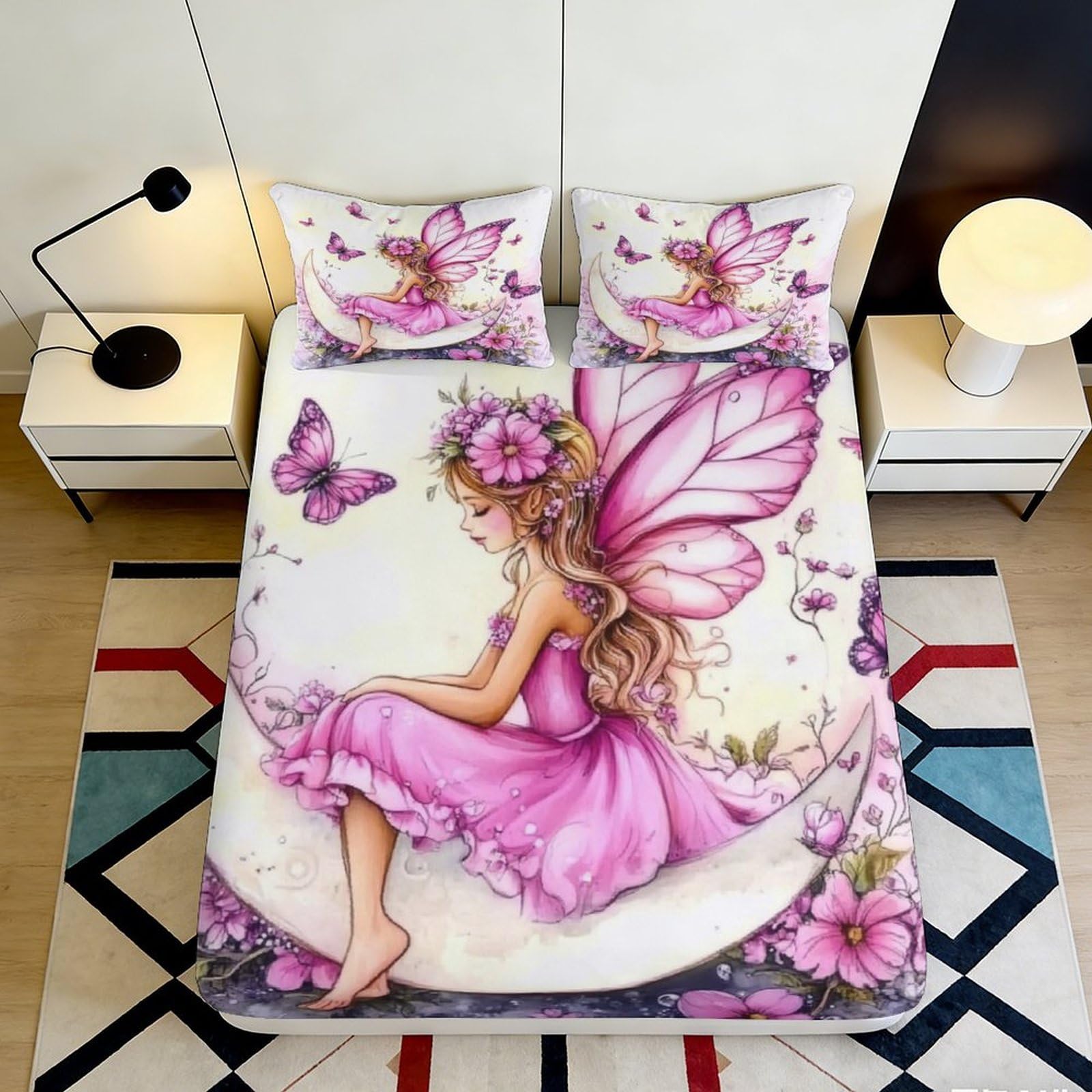 3D Printed Fairy Butterfly Fitted Sheet Microfiber Pink Mattress Cover for Bedroom Guest Room Mattress Protection Decor 140x200x25cm