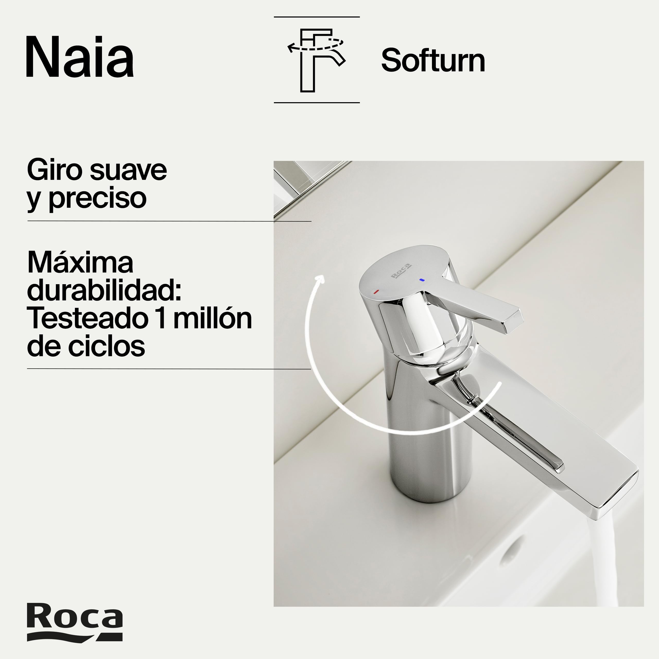 Roca Naia Grifería de lavabo con tecnología ColdStart, grifo monomando con enlaces de alimentación flexibles, mezclador de cuarto de baño con desagüe click-clack, fácil instalación, cromado A5A3296C00