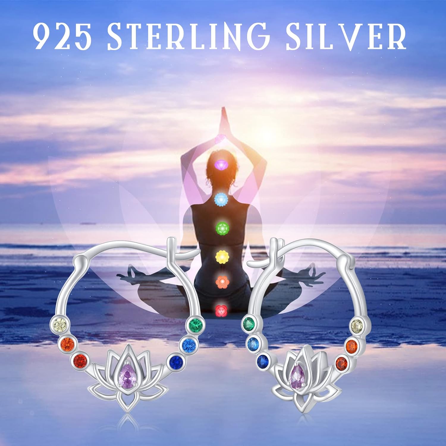 Rainbow Chakra Earrings Sterling Silver Lotus Flower Earrings Rainbow Hoop Earrings Colorful Earrings Chakra Jewlery for Women Christmas Jewelry Gifts