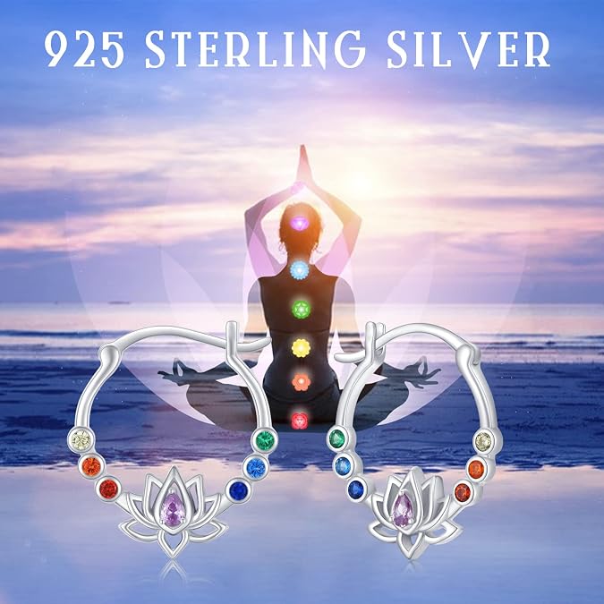 Rainbow Chakra Earrings Sterling Silver Lotus Flower Earrings Rainbow Hoop Earrings Colorful Earrings Chakra Jewlery for Women Christmas Jewelry Gifts