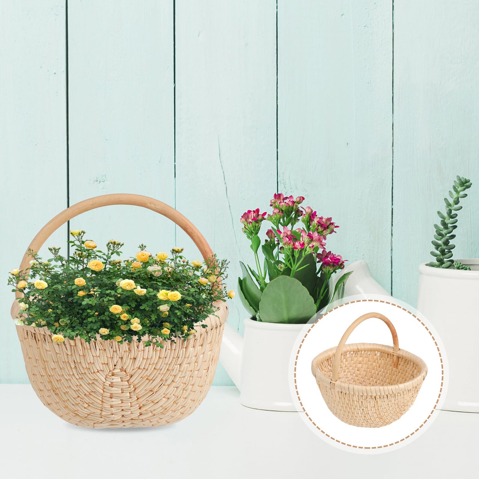 Cesta de Flores Tejida a Mano de Mimbre y Ratán Beige