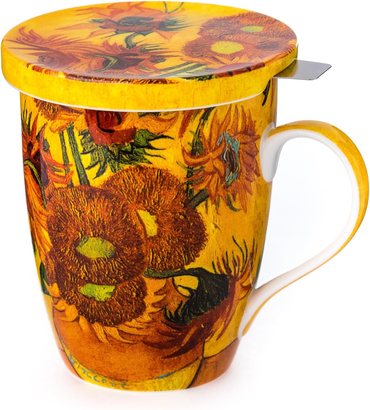 McIntosh Mugs Van Gogh Sunflowers Fine Bone ChinaTea Mug with Lid and Infuser (15 oz)