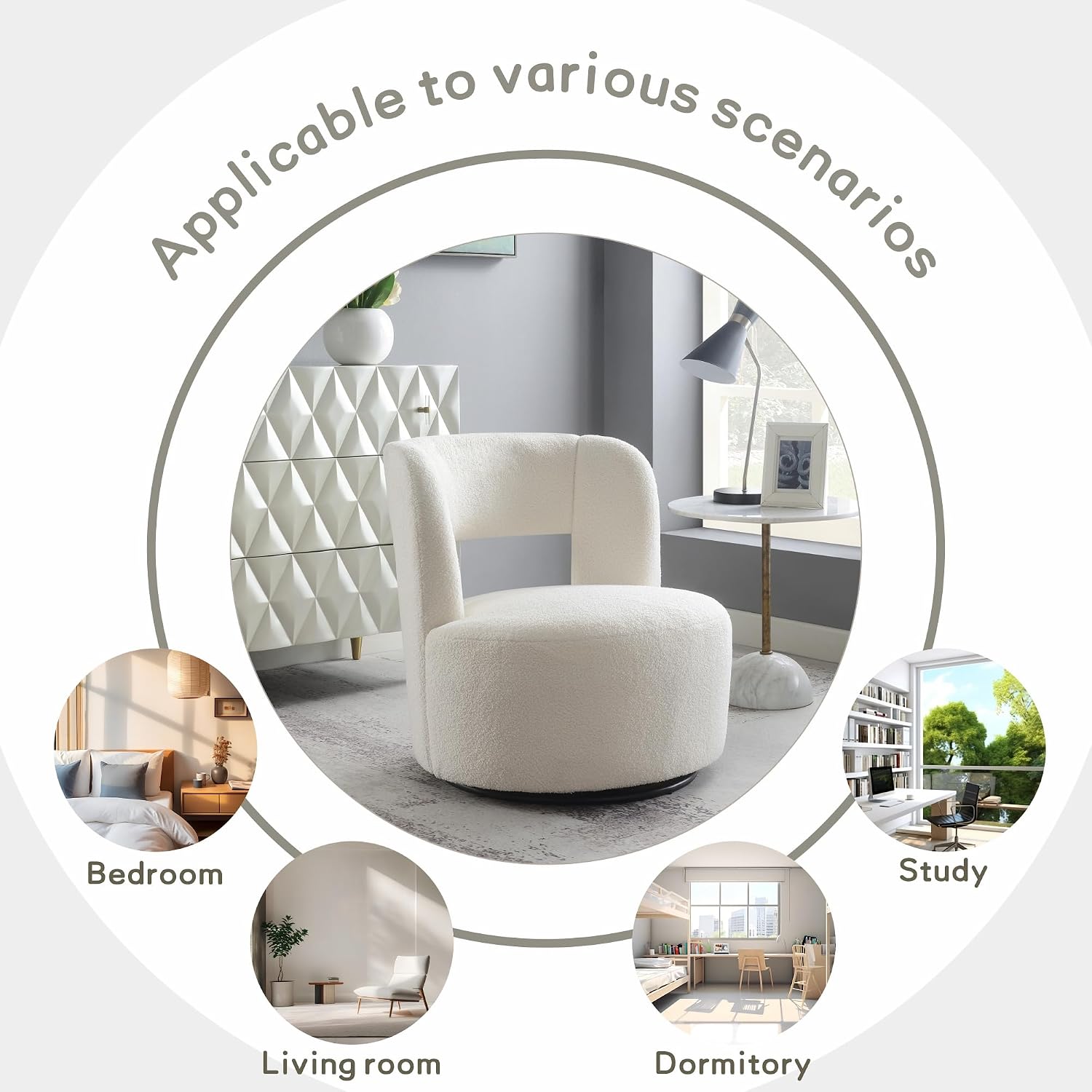 Swivel Accent Chair, 360° Swivel Comfy Upholstered Seat for Living Room, Bedroom, Office, Swivel Barrel Chair in Soft Teddy Fabric for Makeup Vanity & Waiting Room(White)