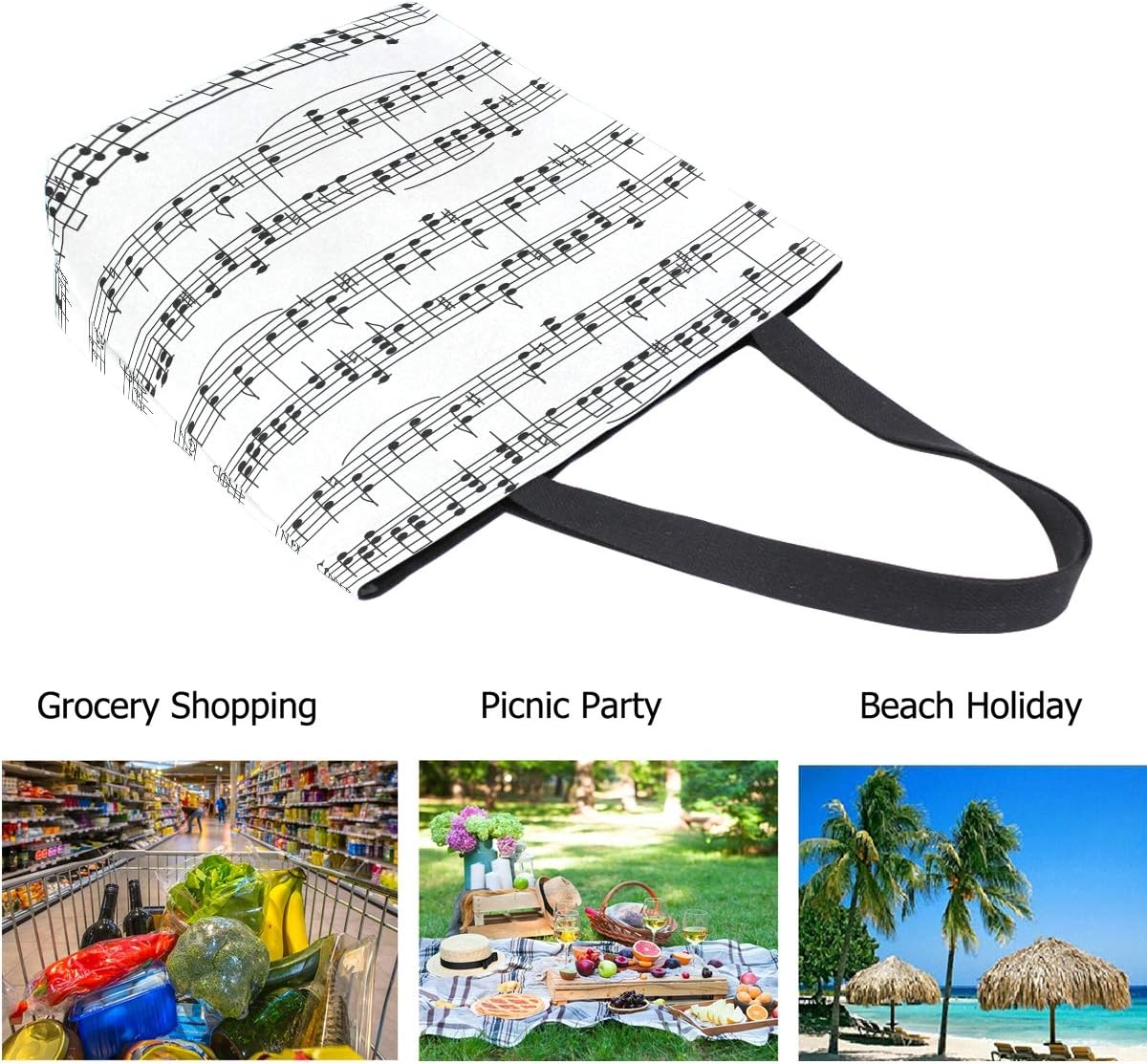 Chic Extra Large Shoulder Grocery Tote Bag, Chic Music Stave Notes Canvas Reusable Handle Bags for Men Women Gym Weekender Picnic Beach Travel Home Storage Market Shopping,Black White - Image 4