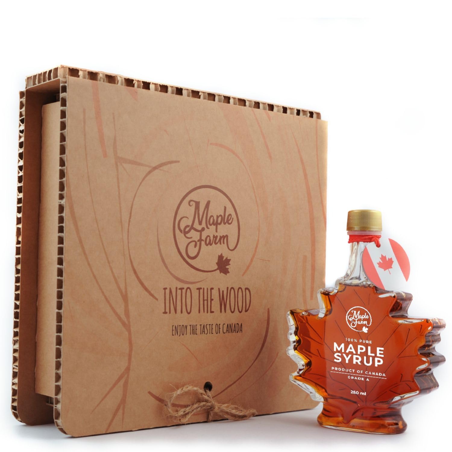 MapleFarm - Sirop d'érable canadien pur Grade A - GOÛT INTENSE - Saveur robuste - Bouteille en forme de feuille dans un coffret cadeau - 330g (250ml)