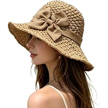 Women's Crochet Sun Hat, Straw Hats for Women Foldable Wide Brim Beach Hats Straw Bucket Cap with Bowknot