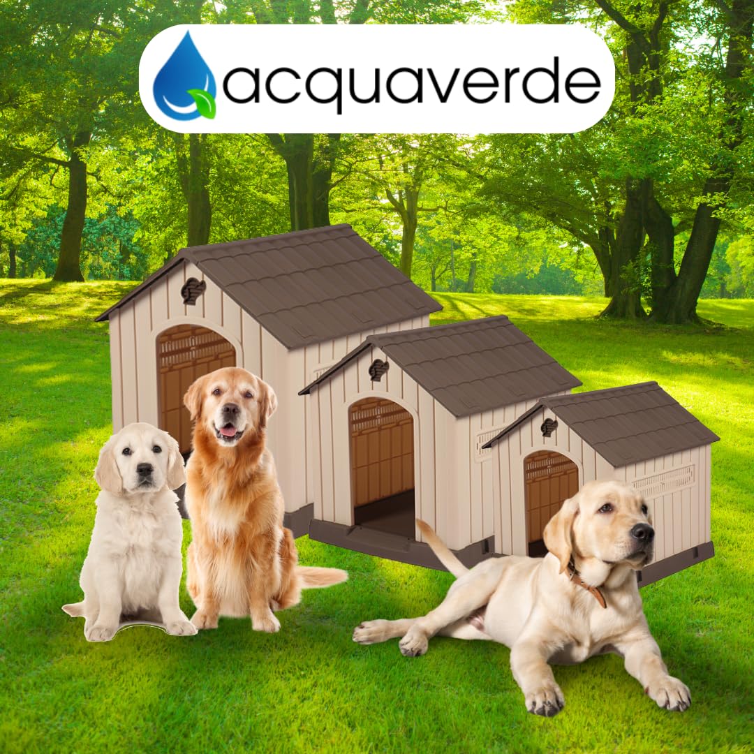 acquaverde | Cuccia per Cani da Esterno, Taglia Grande/Large Casetta per Cani in Resina, Impermeabile, Resistente, Base Isolante e Tetto Spiovente, Facile da Montare - Beige/Marrone | cm. 93x99x98