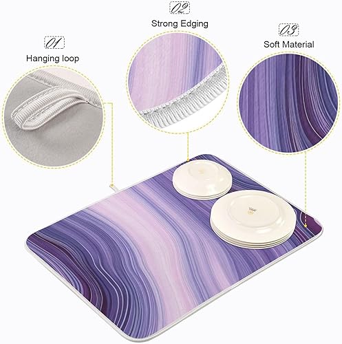 Miniatura 4 de Tapete de secado de platos para encimera de cocina, hermosa textura de mármol morado, ultra absorbente, reversible, de microfibra, resistente al