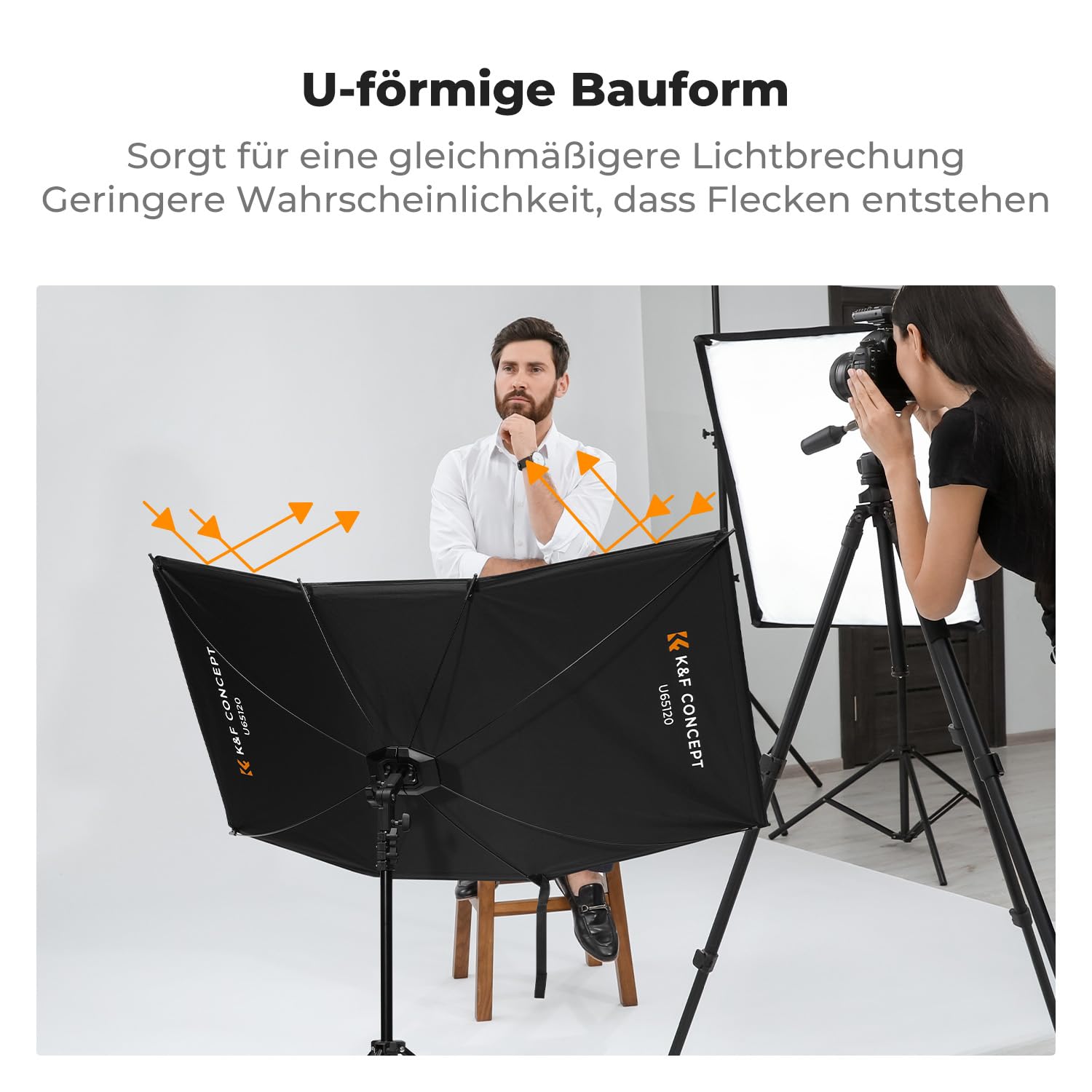 K&F CONCEPT 48„x26“ 4-in-1 U-Typ Gebogener Reflektor mit Ständer+Tasche | schnell zu öffnender Clamshell Lichtreflektor U-Typ Fotografie Diffusor für Studio Porträts , Schwarz/Weiß/Silber/Gold