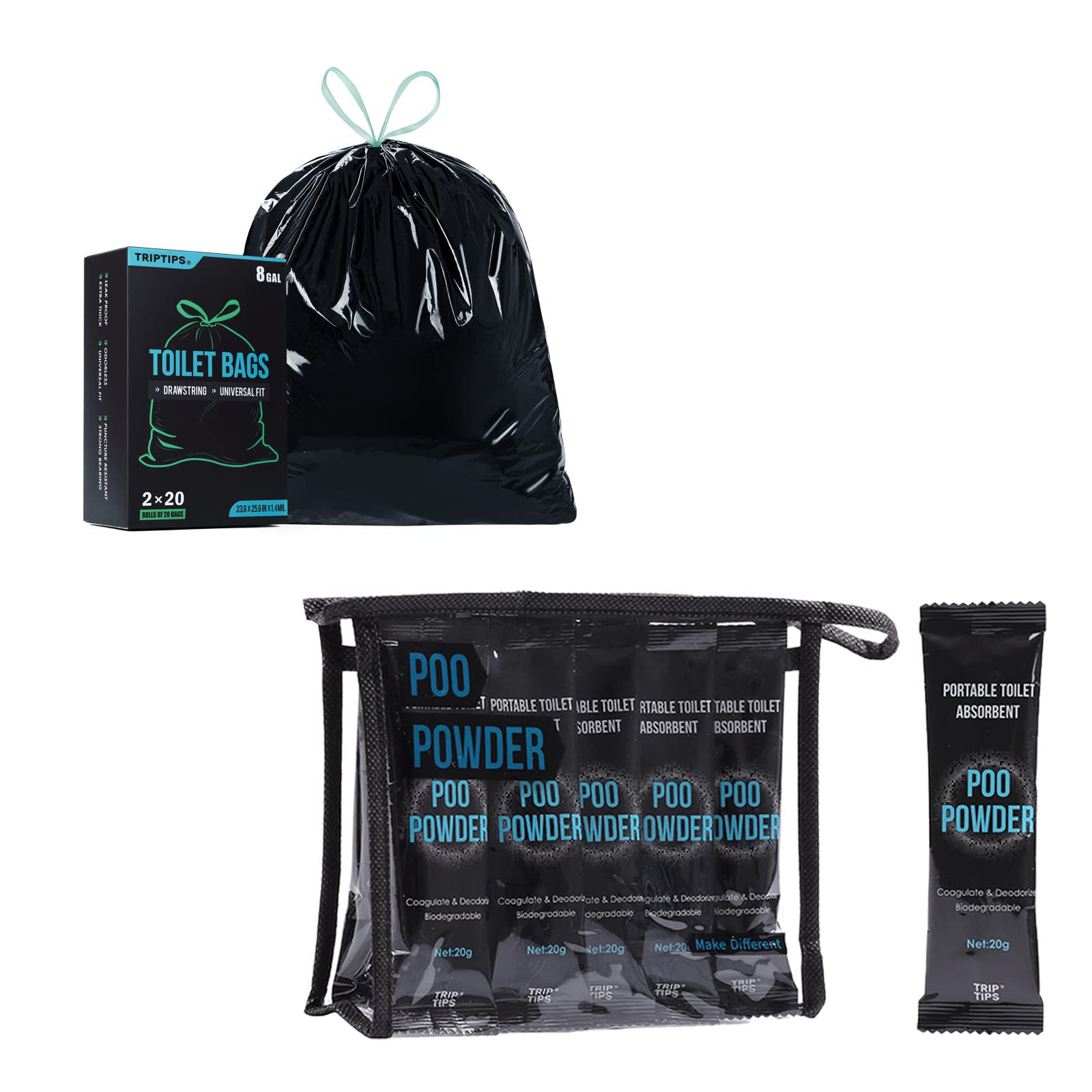 TRIPTIPSPortable Toilet Bags 40 Count and Poo Gel for Portable Toilet 400g