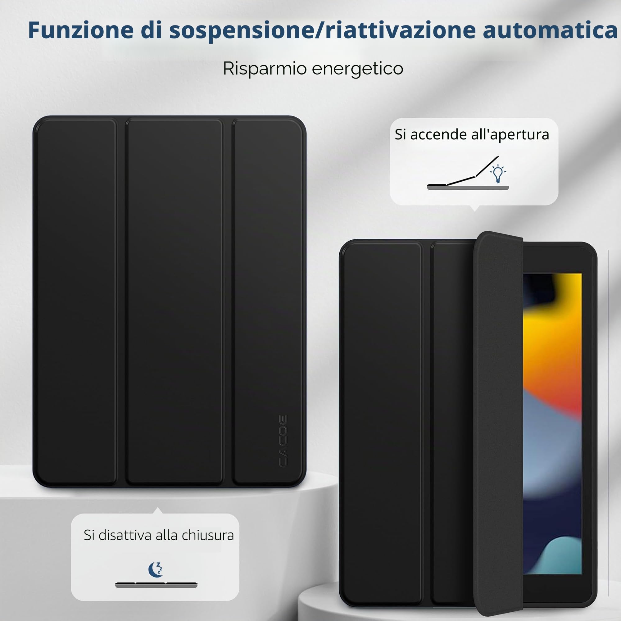 CACOE Cover Custodia per iPad 9a 2021 8a 2020 7a 2019, Leggero Protettivo con Pencil Holder per 10.2, Auto Sveglia Sonno, Nero