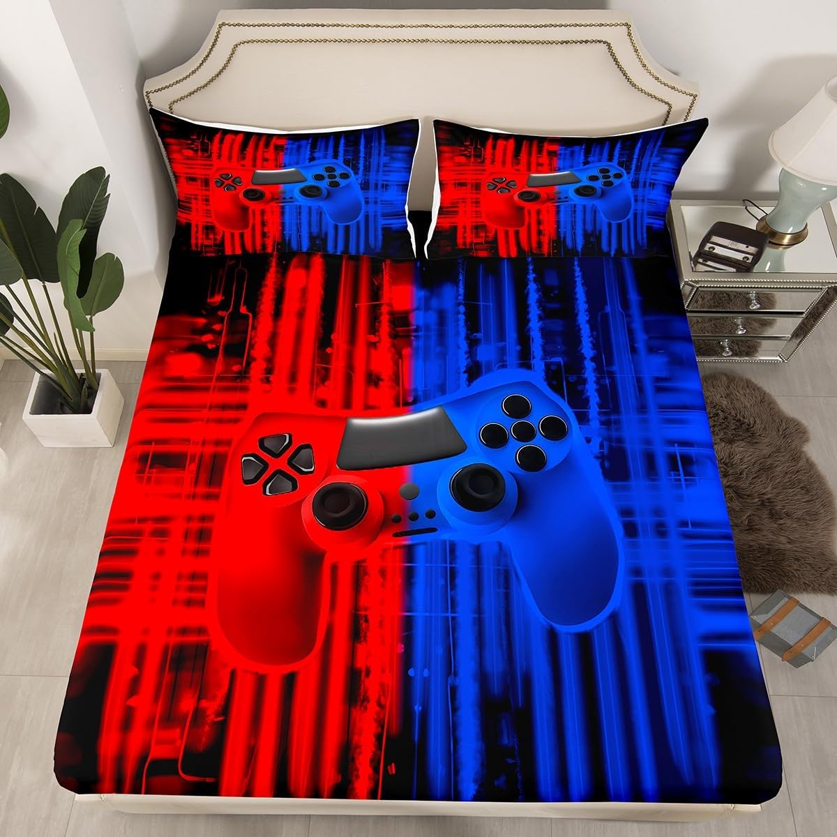 Erosebridal Red Blue Gamer Bed Sheets Full Size for Boys Gaming Fitted Sheet for Kids Men Game Console Sheets for Game Room Decor with Deep Pocket