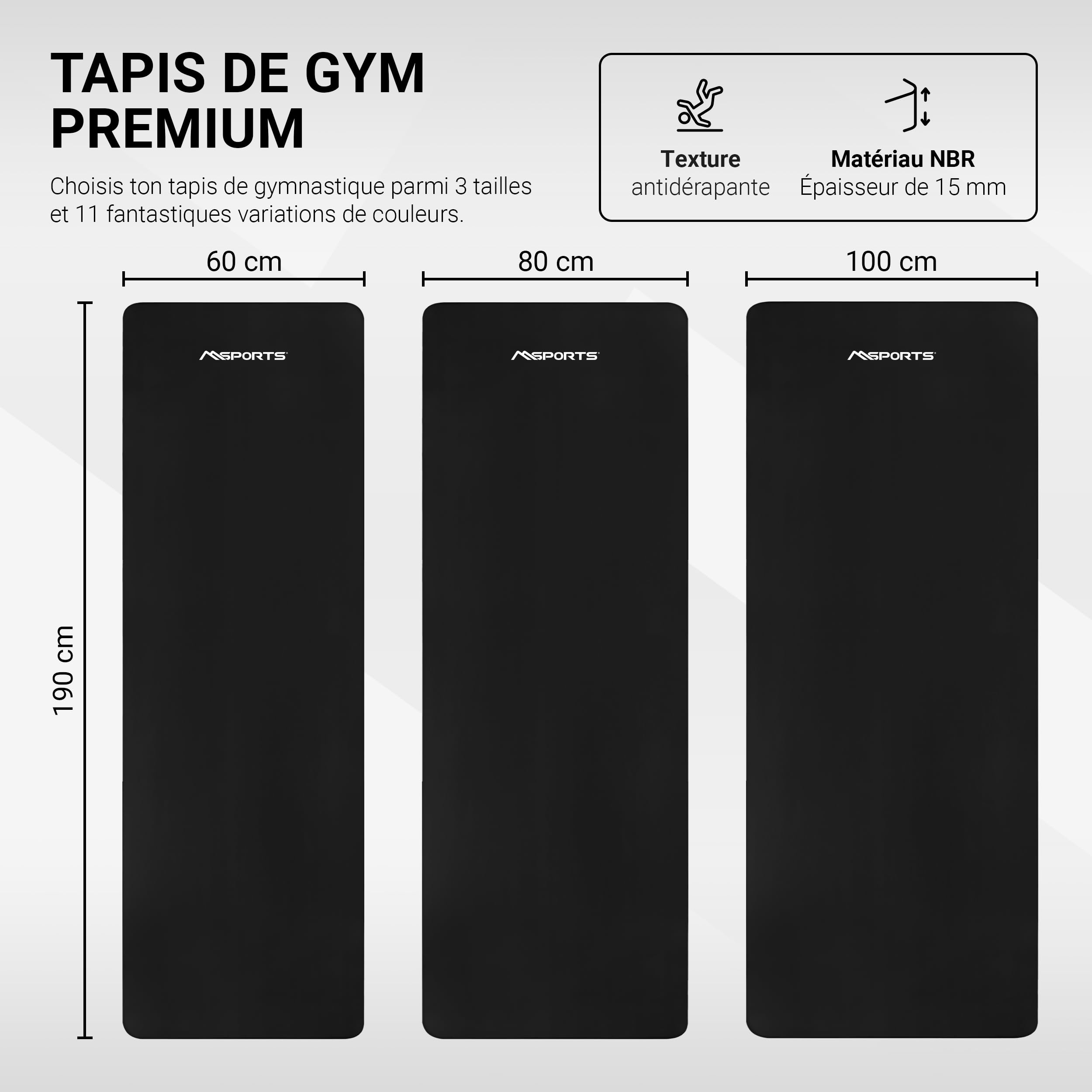 MSPORTS Tapis de Gymnastique Premium – Tapis de Sol Antidérapant pour Fitness, Yoga & Musculation – Disponible en 4 Tailles, et 12 Couleurs Tapis de yoga épais