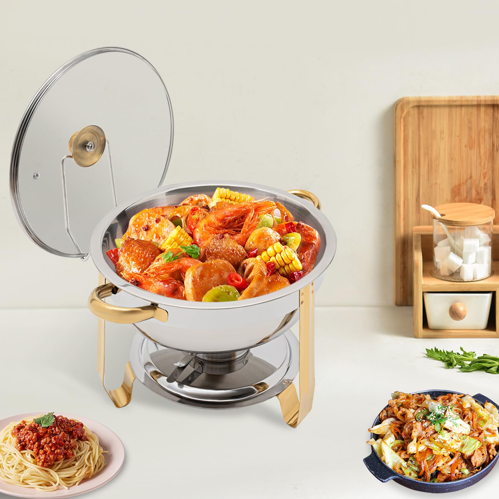 Ensemble de chauffe-plats ronds en acier inoxydable de 5 l - Pour buffet et buffet - Pour restauration, buffet et fête (doré)