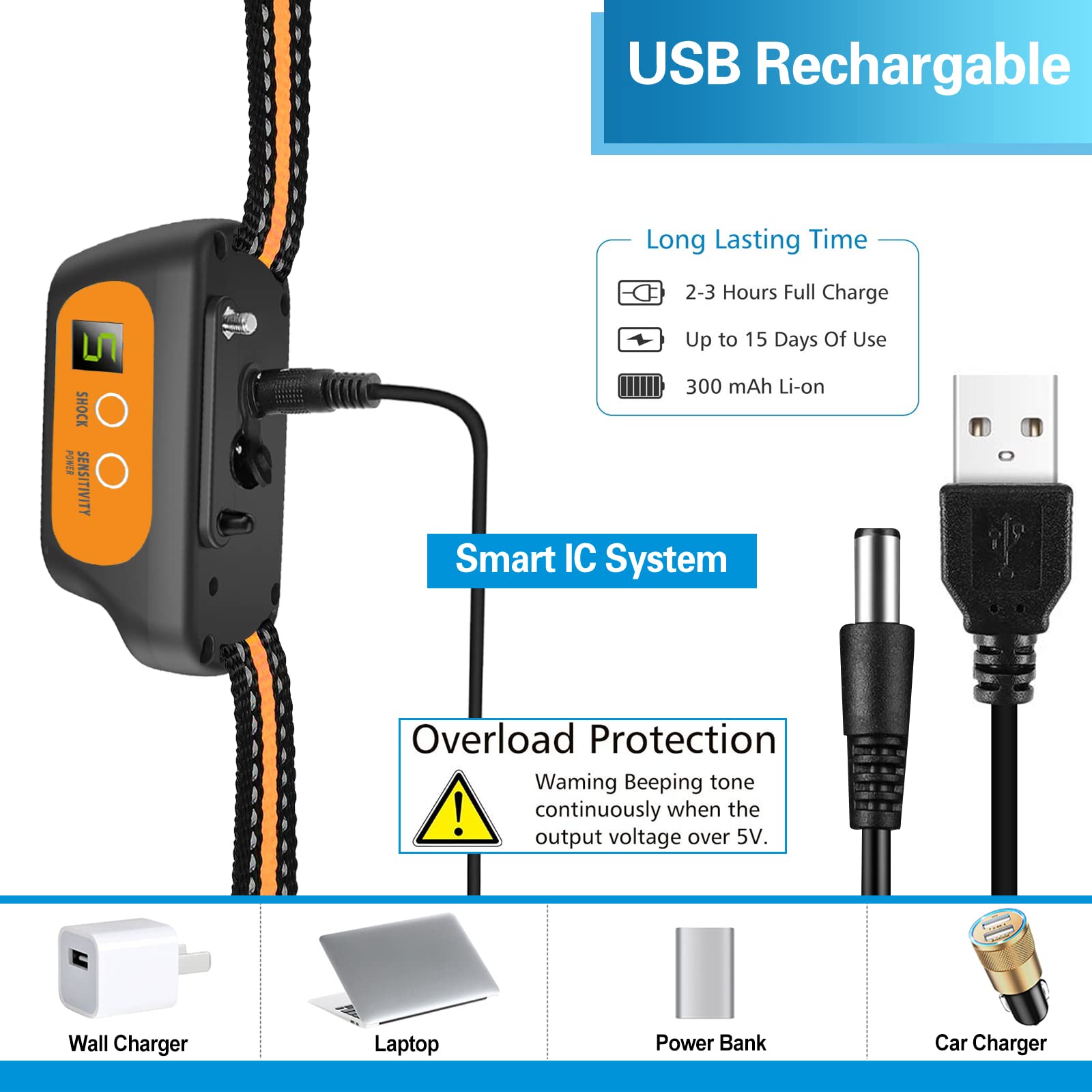 Rechargeable Dog Bark Collar with Beep Vibration and Shock,Anti Barking Collar for Small Medium Large Dogs, Humane Dog Training Device with 5 Adjustable Sensitivity Levels (Orange)