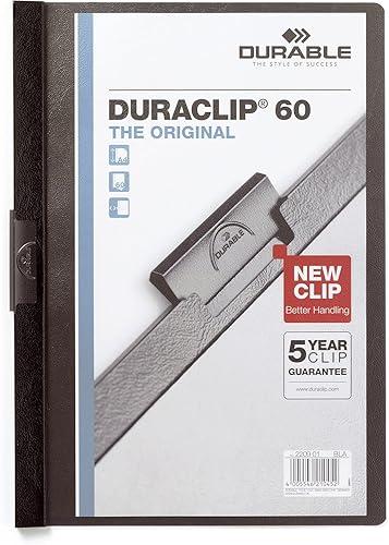 Durable DURACLIP 60 carpetas de clip A4 con capacidad para hasta 60 hojas de papel A4, clip de resorte de metal resistente, paquete de 5 carpetas