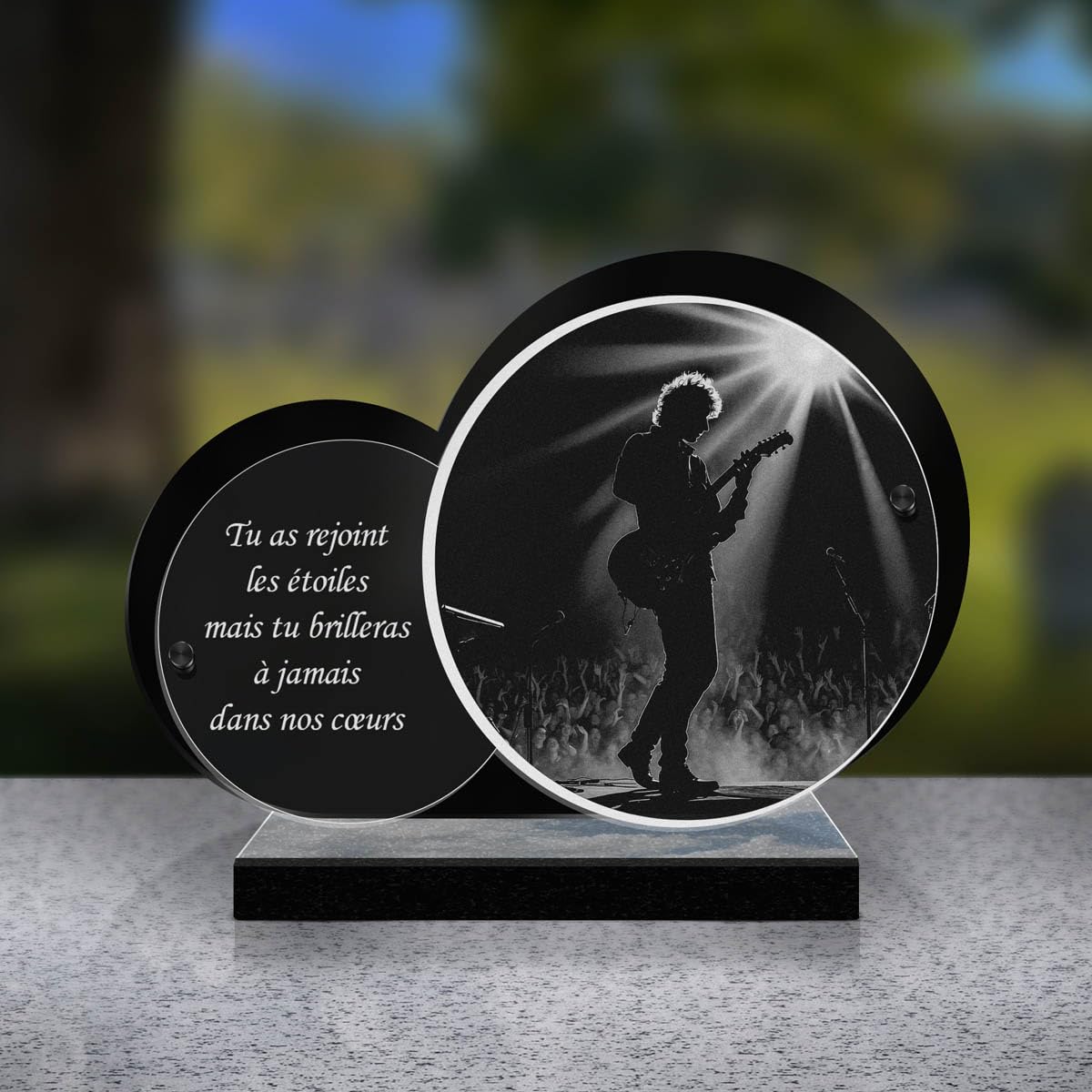 ETERNEL - Plaque Funéraire Personnalisée Double Cercle - Musique Rock, Musicien, Concert - Texte Personnalisable, Plaque Funéraire Gravée au Laser pour Hommage, Plaque Mortuaire, Tombale, Cérémonie