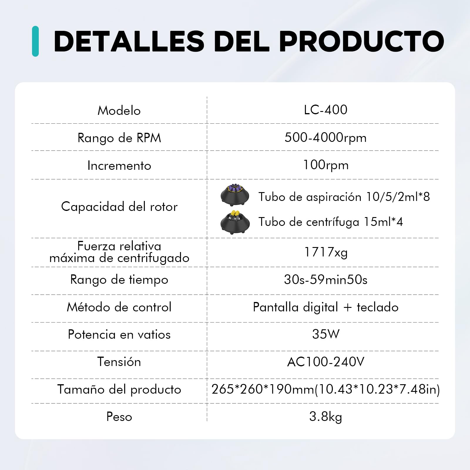 LAB FISH LC-400 Centrífuga de Baja Velocidad 4000 RPM 2173 xg para PRP PRF Tubos 4x15ml u 8x2/5/10ml
