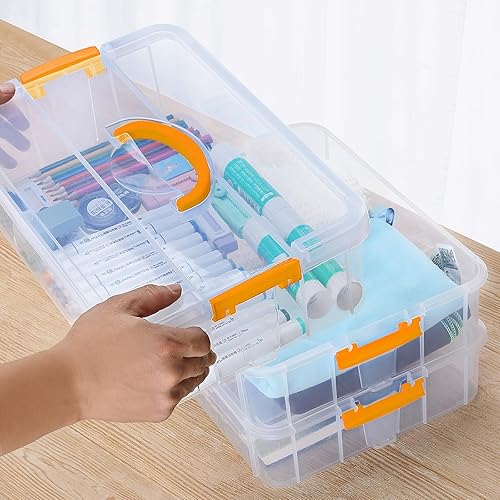 Miniatura 8 de Paquete de 6 recipientes de almacenamiento de plástico de 3 niveles de 2 tamaños con tapas, organizador de suministros de arte con asa, caja de
