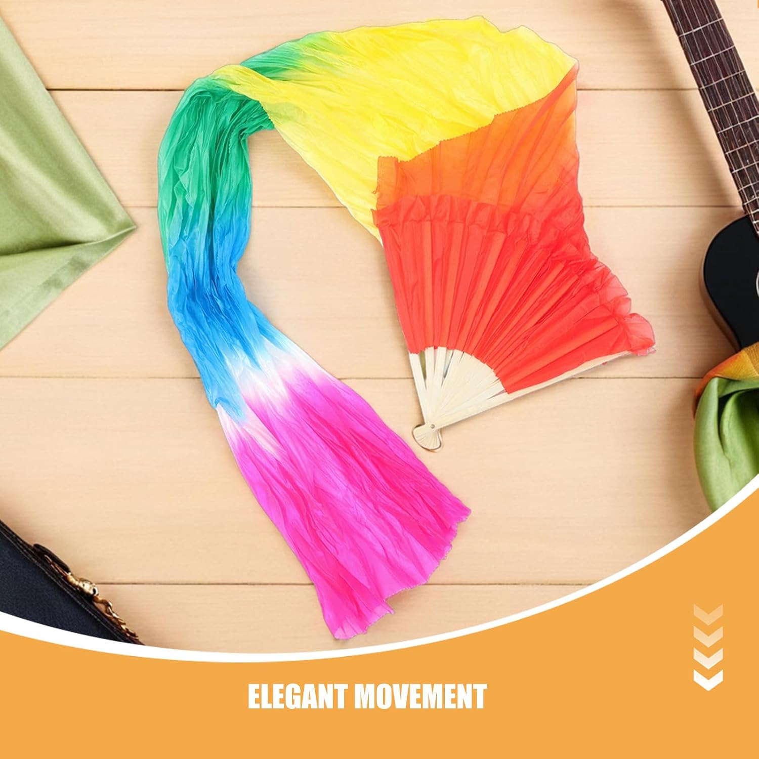 2pcs Large Gradient Colored Belly Dance Fans with Frame and Artificial Silk, Lightweight and Sturdy Long Folding Fans for Repeated Practice and Fitness Routines