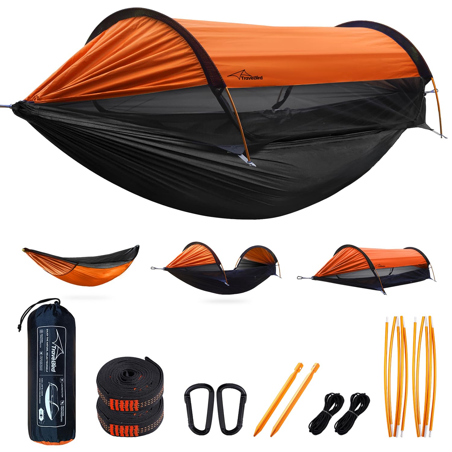 Travel Bird Camping Hammock Tent with Mosquito Net and Sunshade, Extra Large for 2 Person, Lightweight Hanging Hammocks Tree Straps, Bivvy Ground Tent for Outside, Hiking, and Travel Hammock-orange