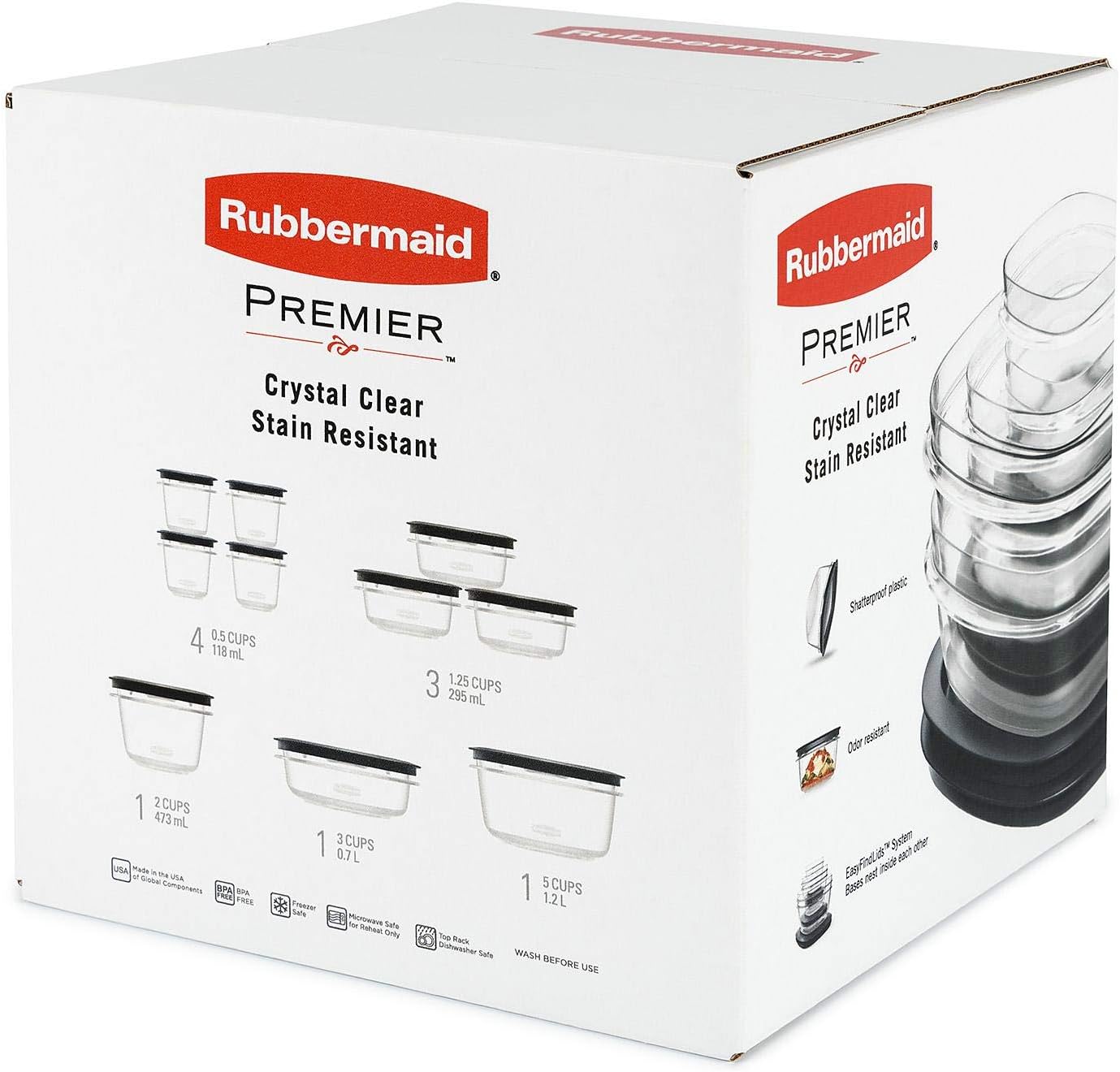 Rubbermaid Premier Crystal Clear Stain Resistant 20 Piece Set Grey Lids