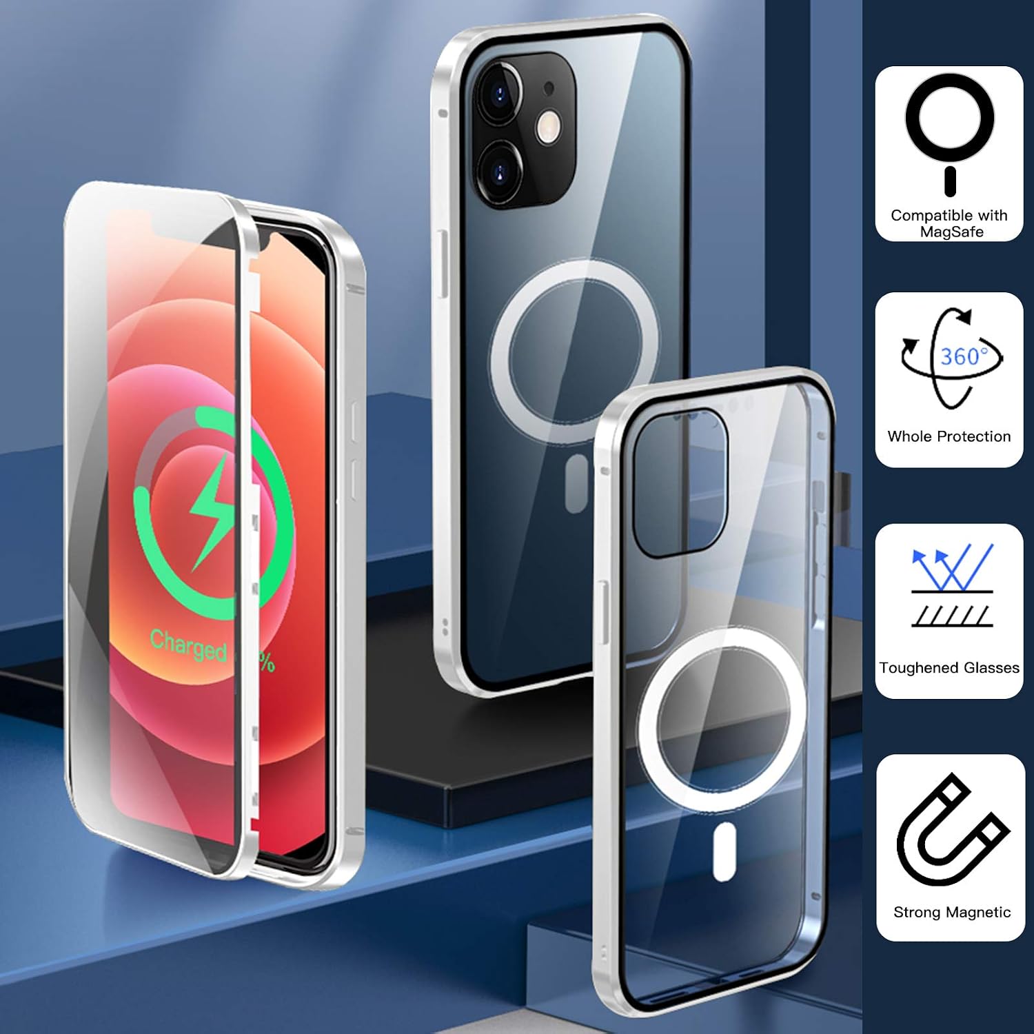 OFOCASE Magnetic Case for iPhone 12 Mini, HD Double Sided Crystal Clear Glass Case Compatible with Magsafe [Built-in Magnetic Circle] Magnet Metal Bumper Cover for iPhone 12 Mini - Silver, 5.4"