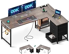 ODK Corner Desk with Drawers, 155 x 110 cm, Reversible Corner Desk with Power Sockets and USB Port, L-Shaped Space-Saving Desk with Storage Space for Office, Grey Oak