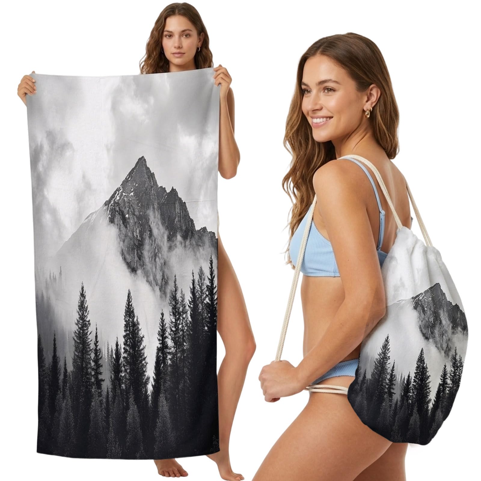 FWJZDSP Beach Towel Backpack Convertible Pine Mountain Sand Free Quick Dry Towel Bag Black White Beach Towel with Adjustable Straps for Travel Swimming Pool Beach Accessories 31.5x63in
