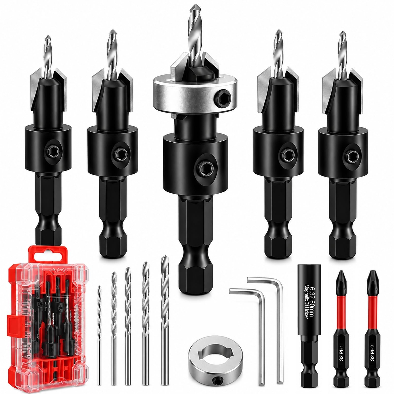 Lytool Countersink Drill Bit Set 1/4" Hex Shank, 17pcs Countersink Bit