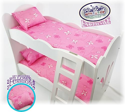 Miniatura 2 de Matty's Toy Stop Literas de madera blanca de 18 pulgadas con 2 almohadas rosas, 2 cojines rosas y escalera, se adapta a muñecas American Girl
