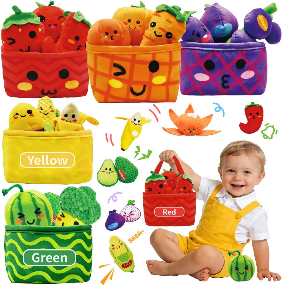 Play Food for Toddlers 1-3, Plush My First Fruit Vegetables Basket Color Sorting Rattle, Squeaker & Crinkle Play Food Set for Kitchen Baby Sensory Toys Easter Basket Stuffers Birthday Gifts 20PCS