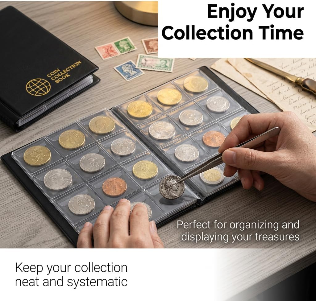 Coin Collection Album 120 Pockets 2 Euro Coin Storage Black 11.5 x 15.5 cm Grid 3 x 3 cm Coin Holder Numismatic Book for Collectors