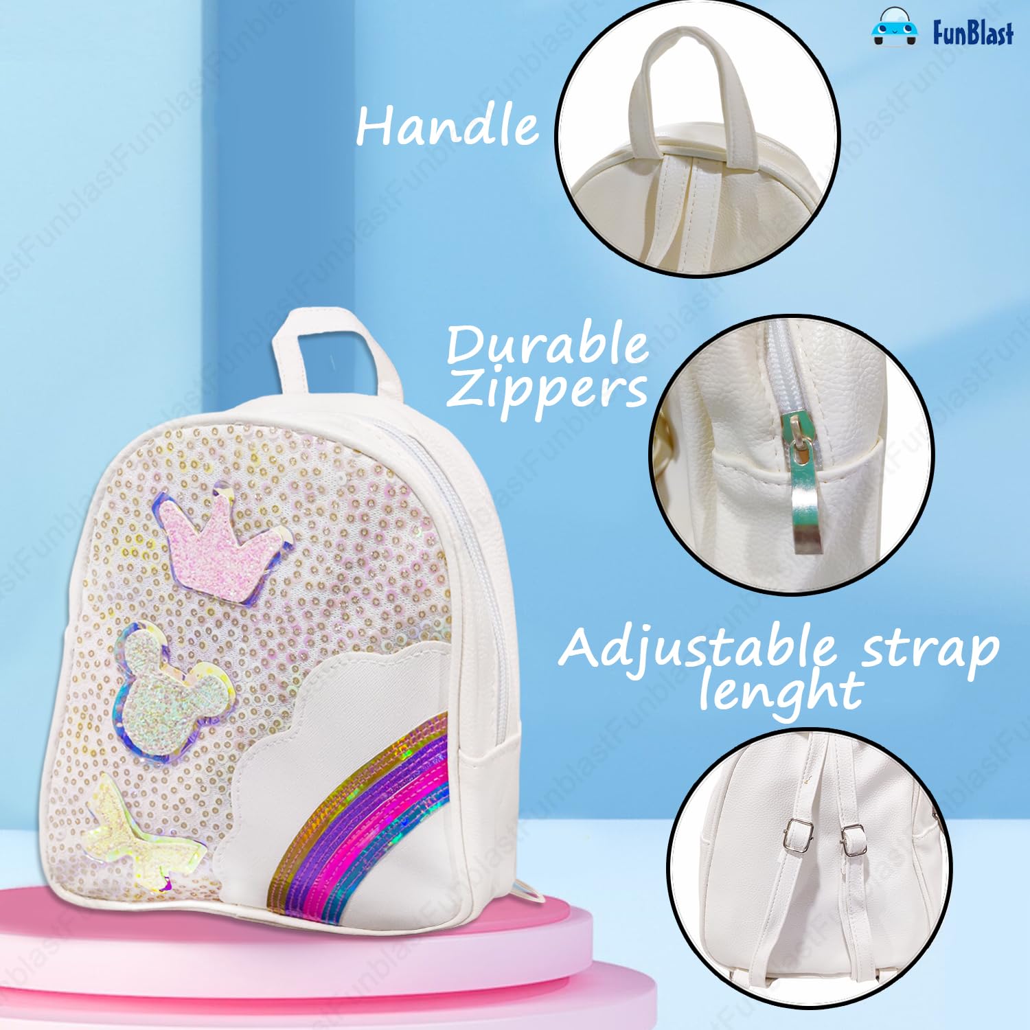FunBlast Rainbow Sequin Bags for Kids – Sequin Bag for Girls – Small Backpack for Picnic Outdoor Travel Bags for Girls, Korean Bag for Girls, Fancy Bags for Girls Stylish (White) 4