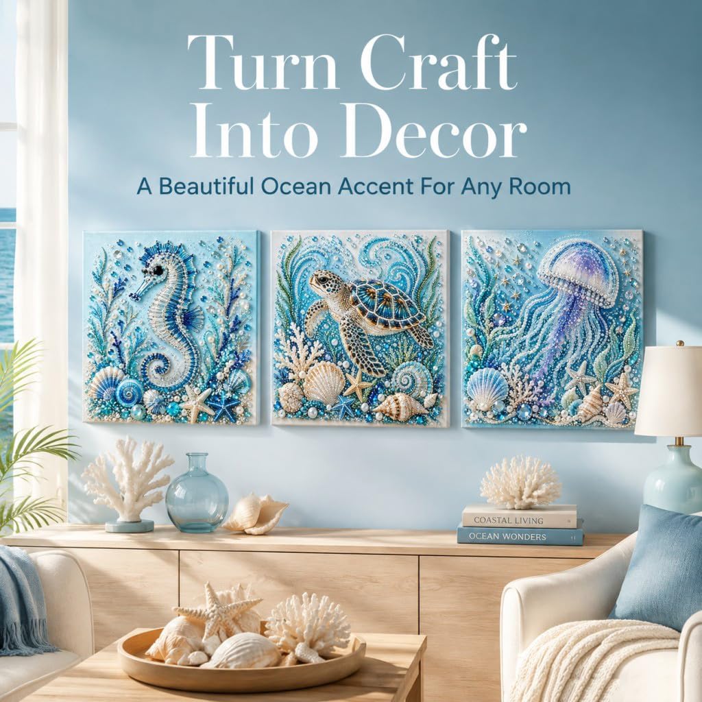 RIHUALS Ocean Theme Pearl Art DIY Kit for Adults, 3D Diamond Painting Craft, Sparkling Coastal Decor Wall Art with Pearls & Rhinestones, Bead Dot Art Kits for Beginners DIY Gift (Sea​Turtle)
