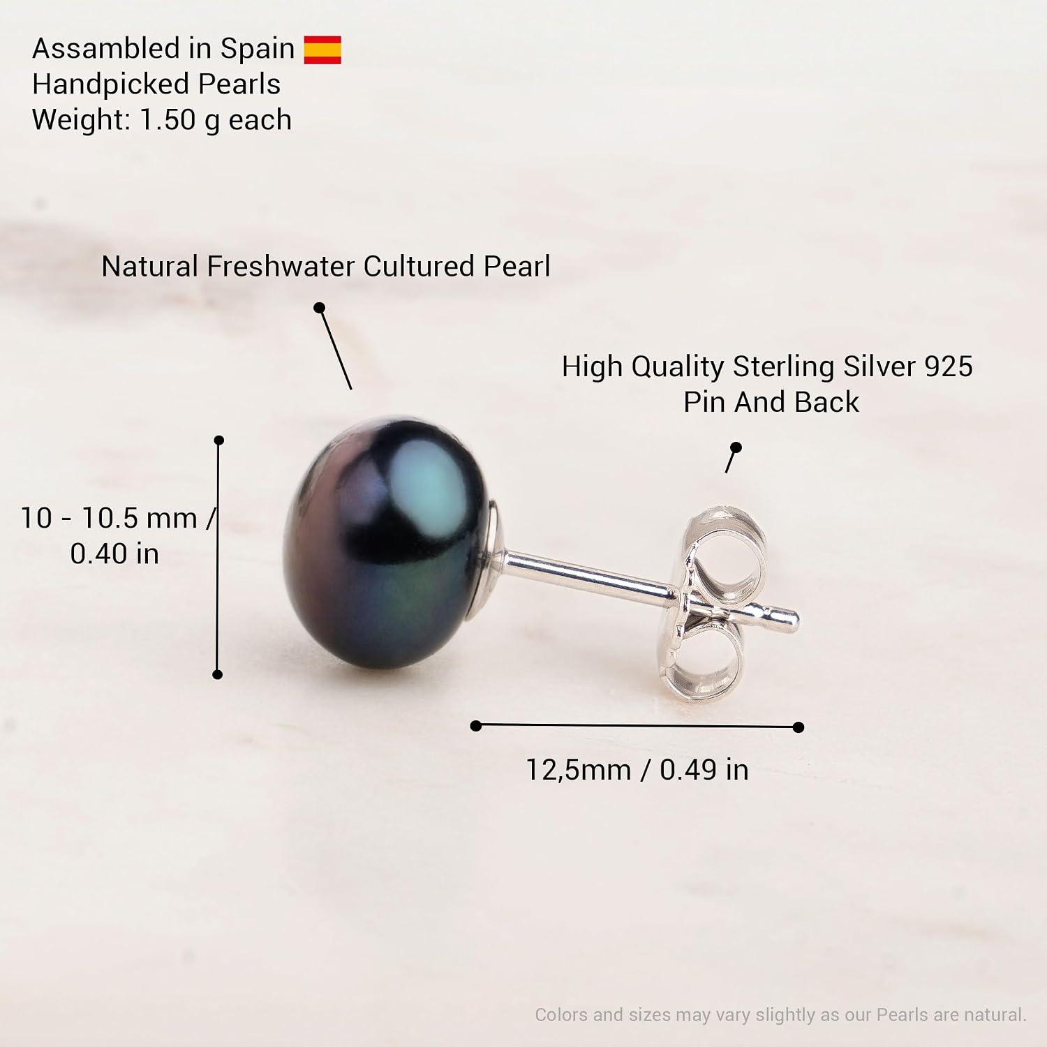 Freshwater Cultured Pearl Stud Earrings for Women Button Shape Black Color SECRET & YOU - Sterling Silver 925 - Available in 4 sizes from 8 mm to 11 mm
