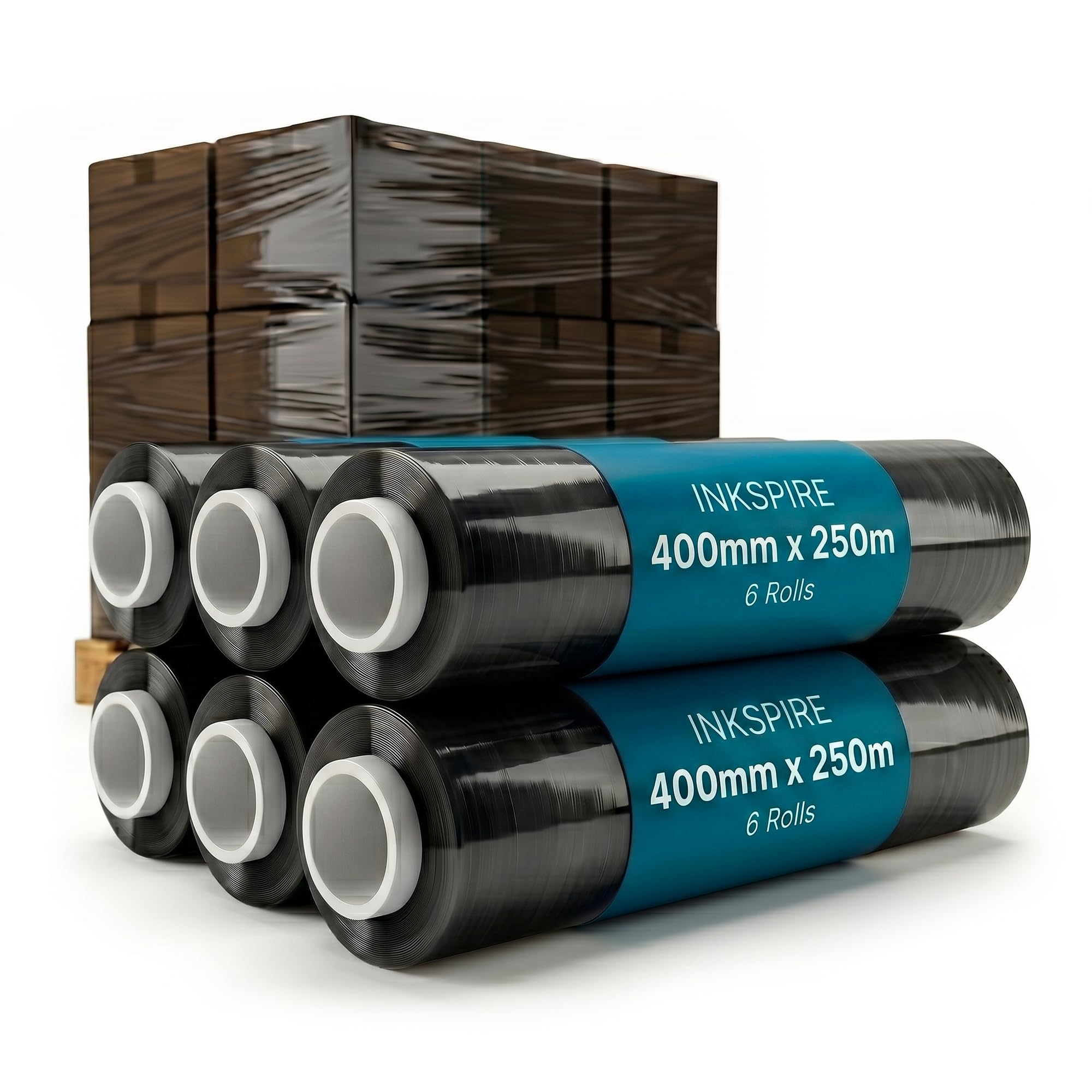 Inkspire 6 Pack Stretch Shrink Wrap Roll 400mm x 250m – Black Pallet Wrap, Tear-Resistant, Waterproof Protective Plastic Cling Film Packaging Roll for Storage Boxes, Shipping & Moving House Essentials