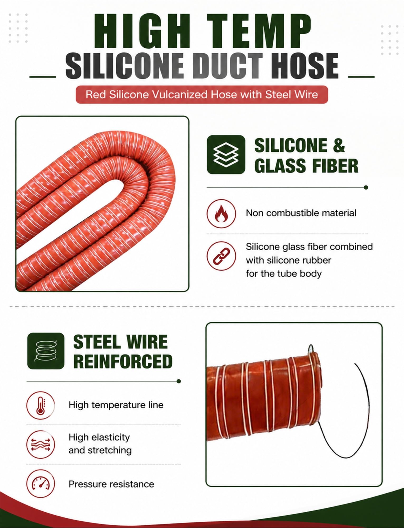 Tubo flessibile in fibra di vetro in silicone | 100-400 cm for lo scarico dell'asciugatrice: condotto in silicone ad alta temperatura(6.3cm/2.48in,100)