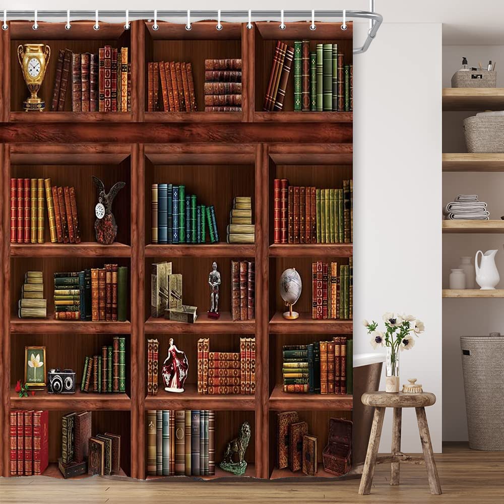 Bibliotheks-Duschvorhang Mit Bücherregal-Muster – Vintage-Design, Polyester, Mehrere Größen (mit Haken)