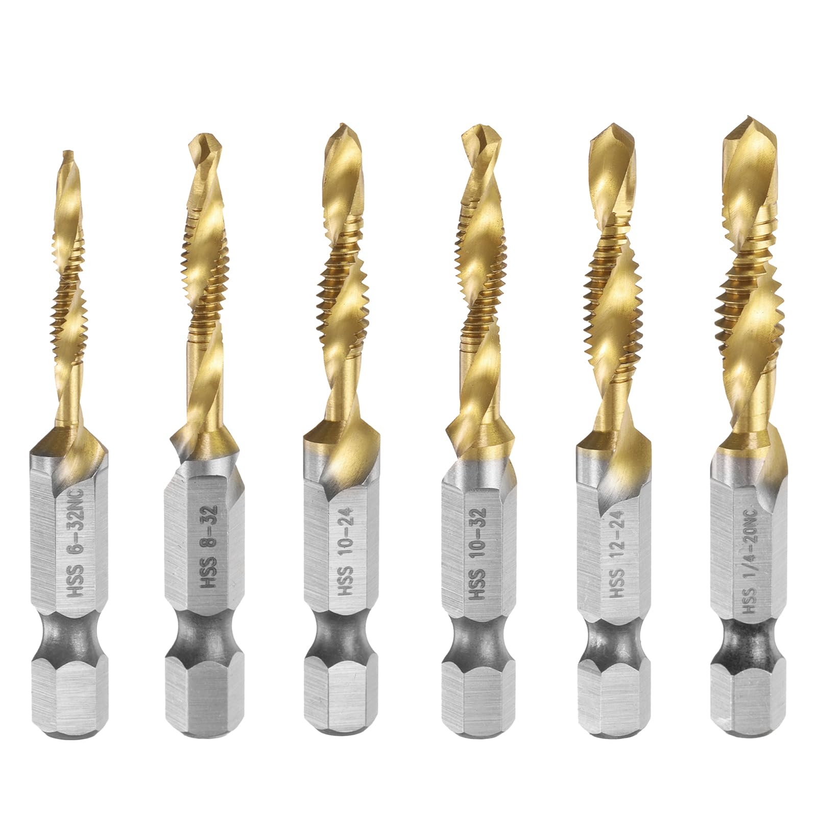 Set di 6 punte combinate per trapano e maschiatore, filettatura SAE 6-32NC a 1/4-20NC, gambo esagonale da 1/4", maschi per filettatura rivestiti in titanio, utensili per maschiatura, acciaio rapido
