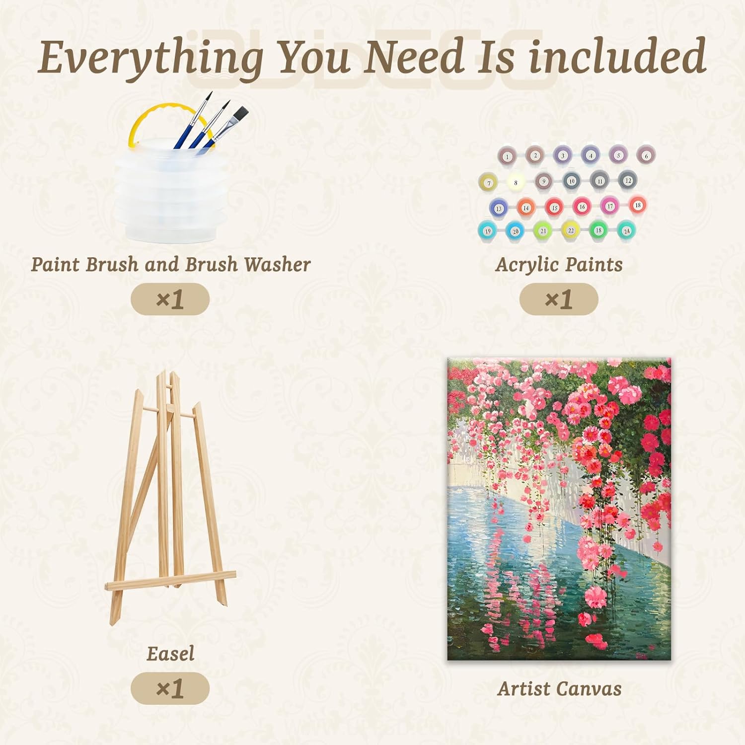 OLDEGG Rose Flower Canal Framed Paint by Numbers Kit for Adults,DIY Acrylic Painting By Numbers Set with Complete Art Supplies,1Pack Paint by Numbers Kit for Adults Home Wall Decor Art Gift 12x16inch